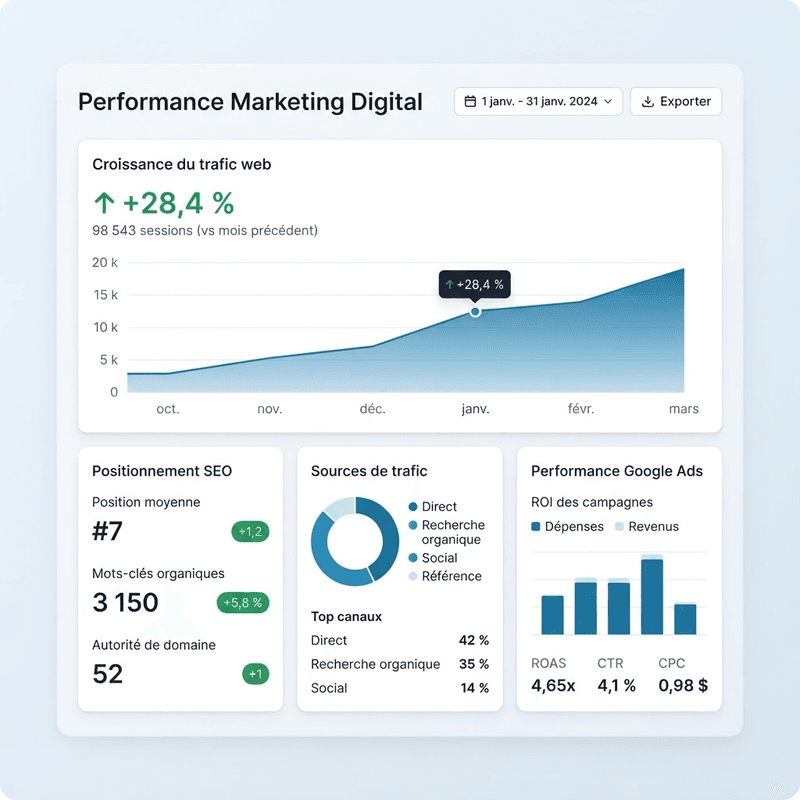 Tableau de bord Grimpr montrant la progression du référencement d'une PME